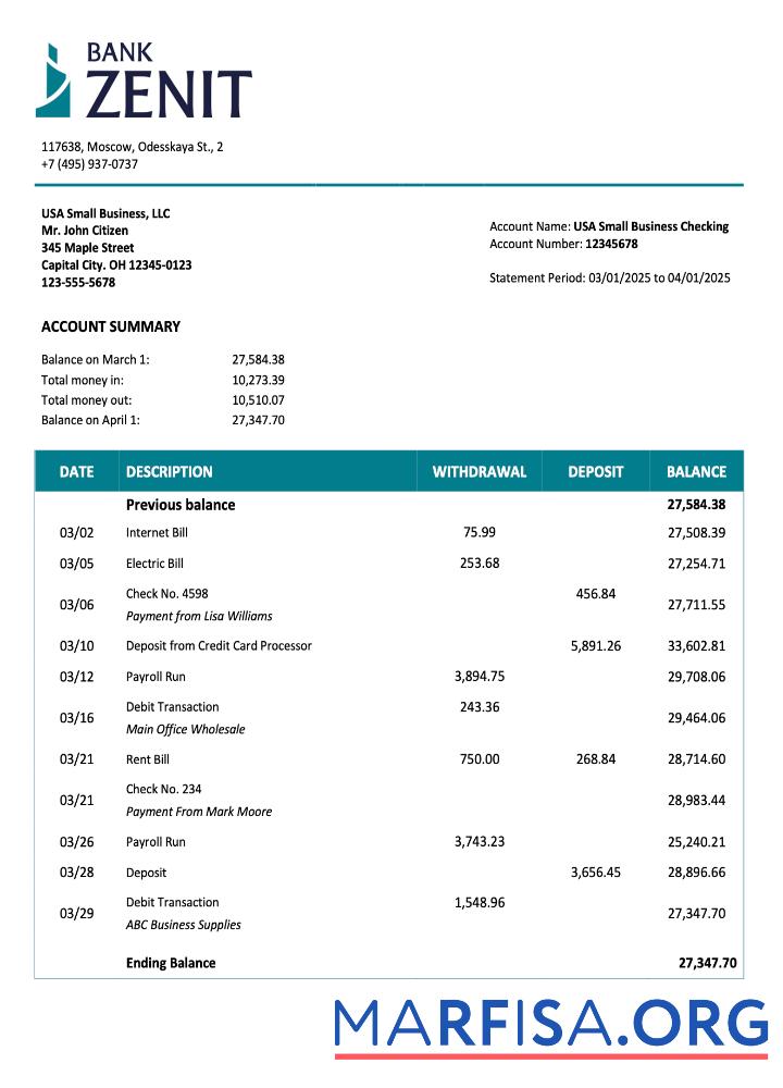 Downloadable Russia Zenit company checking account statement Word and PDF template